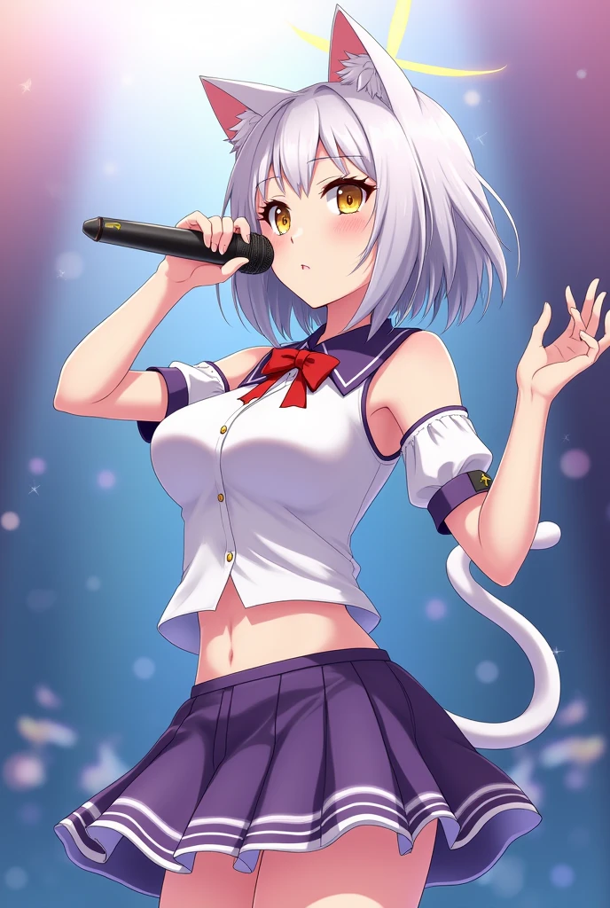 A magical girl with anime aesthetics who is an idol with medium hair silver colored slightly short and cat ears and tail., yellow eyes, wearing a short skirt and with a microphone in her hand singing

