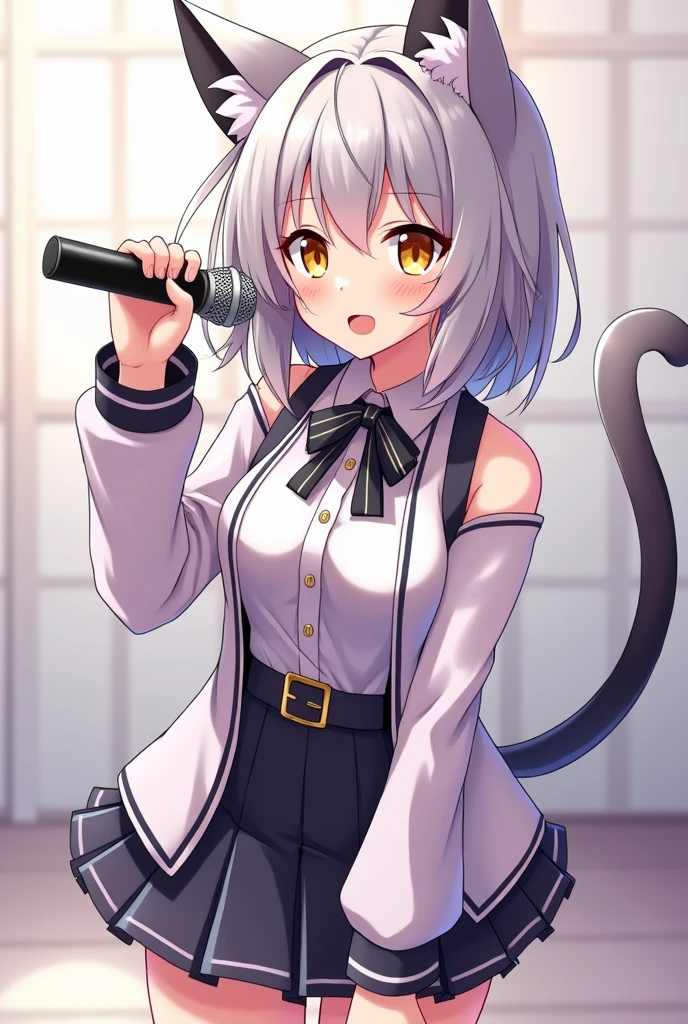 A magical girl with anime aesthetics who is an idol with medium hair silver colored slightly short and cat ears and tail., yellow eyes, wearing a short skirt and with a microphone in her hand singing