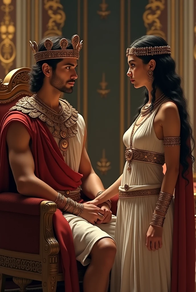 A young roman sitting on the throne with crown while cleopatra is standing beside,cleopatra looks at the same direction as the man