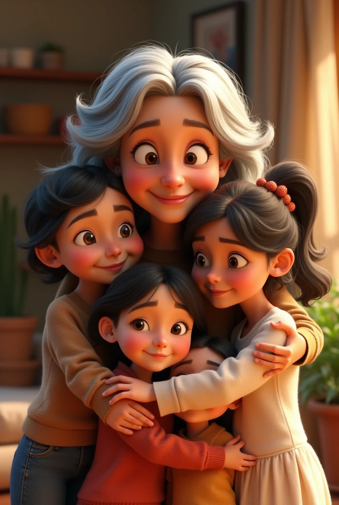 Create a lady, embracing his 3 adult children two women and one man and his 4 grandchildren in Pixar style