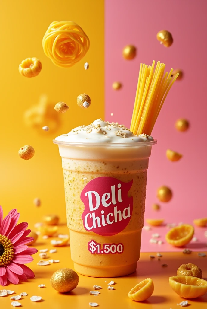 Generate me an advertising poster for an oat drink, the product name is deli chicha and it is made with cooked spaghetti, its sale price is 1.500$