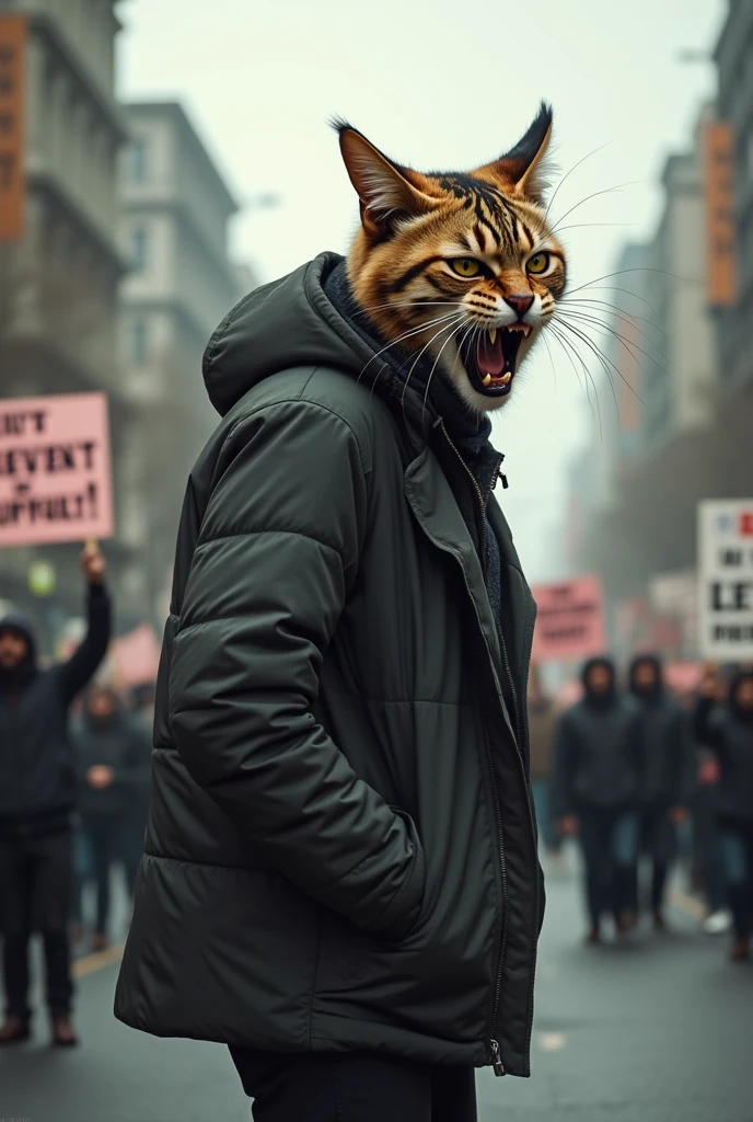 black A cat-faced man participates in the protest. standing on the road seen from the side. His face is very expressive, displaying an intense, fierce, and aggressive look, with sharp eyes, bared fangs, and a snarling expression demanding justice. The background includes urban elements such as buildings and other protest signs, which add intensity to the scene. The atmosphere is tense, with a mix of realism and surrealism.