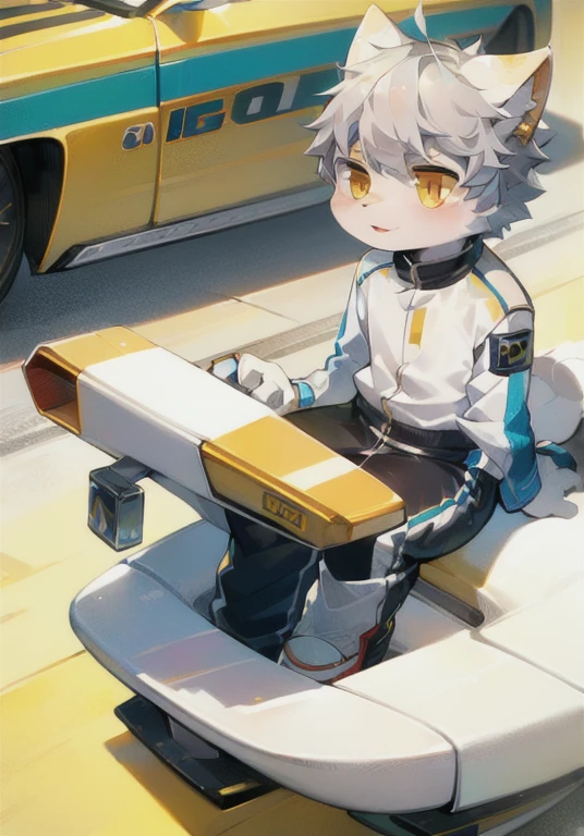 White male cat，boys，cute，Q version，Silver Hair，Detailed background，，Golden Eyes，Luxury racing，Driver，Wear a helmet，Leaning against the racing car，