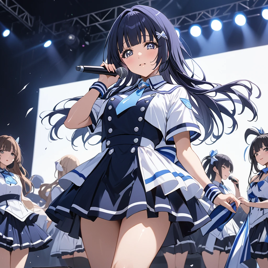 ((Highest quality)), ((masterpiece)), (detailed), (Perfect Face)、The woman is Reika Aoki with semi-long hair、The woman is a member of an idol group and is performing live on stage.