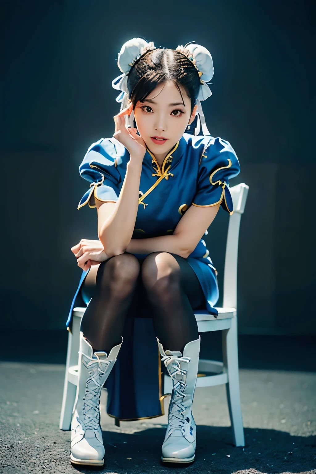 (Chun-Li from Street Fight II:1.2,perfect chun li costume:1.2,Blue cheongsam with gold lines:1.2,Bun head:1.2,bun cover:1.2,sexy pose:1.2,masterpiece:1.2、1 beautiful girl:1.2、fine eyes:1.2、puffy eyes:1.2、highest quality:1.2, 超High resolution:1.2, (reality: 1.4), movie lighting:1.2、Japanese:1.2、asian beauty:1.2、Korean:1.2、super beautiful:1.2、beautiful skin:1.2、body facing forward:1.2、(Full body:1.2,sitting:1.2,chair:1.2,legs togehter:1.2)、(超reality的な:1.2)、(High resolution:1.2)、(8k:1.2)、(very detailed:1.2)、(美しくfine eyes:1.2)、(Super detailed:1.2)、 (simple background:1.2)、detailed face:1.2、bright lighting:1.2、professional lighting:1.2、looking at the viewer:1.2、look straight ahead:1.2、slanted bangs:1.2、Nogizaka Idol:1.2、korean idol:1.2、masterpiece:1.2, highest quality:1.2, masterpiece:1.2, highest quality:1.2, perfect face:1.2, perfect brown eyes with white sclera:1.2, bad move-5:1.2, alone:1.2, 1 girl:1.2, brown hair:1.2, From SF2:1.2, Chinese service:1.2, muscular woman:1.2, blue clothes:1.2, pantyhose:1.2, pelvic curtain:1.2, Puffy short sleeves:1.2, Good cover:1.2, sash:1.2,beautiful calves:1.2,white boots:1.2),
