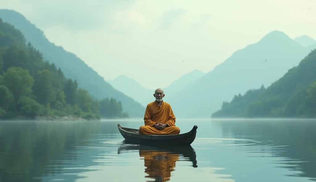 old monk on a small boat to the middle of a serene lake