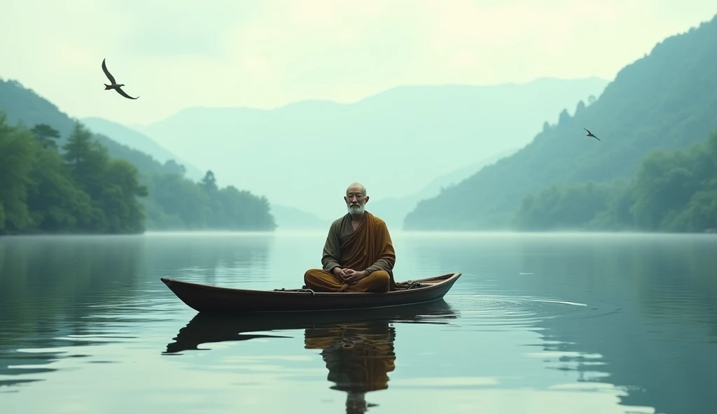 old monk on a small boat to the middle of a serene lake
