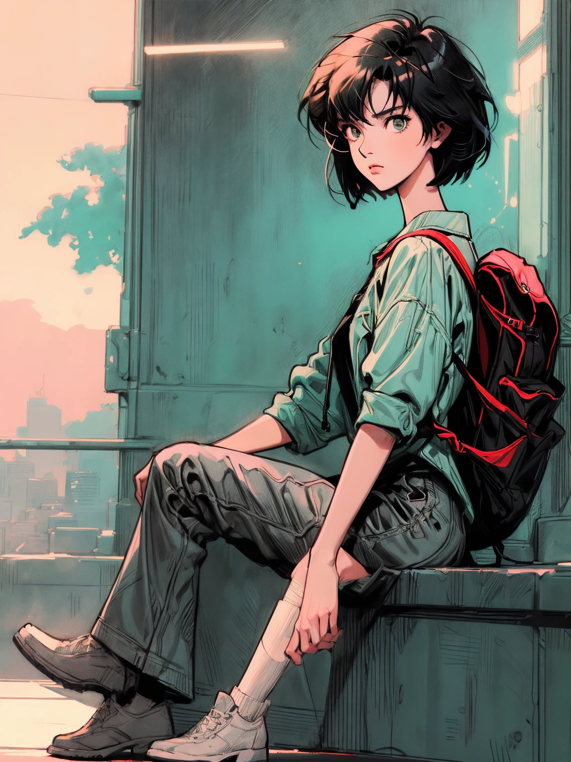 anime girl with backpack looking at city from grassy hill, makoto shinkai cyril rolando, makoto shinkai!, makoto shinkai art style, in style of makoto shinkai, makoto shinkai!!, makoto shinkai style, style of makoto shinkai, studio glibly makoto shinkai, ( ( makoto shinkai ) ),retro sunglasses, Hawaii, gta vice style , illustration , reteo comic illustration, (((full body)))