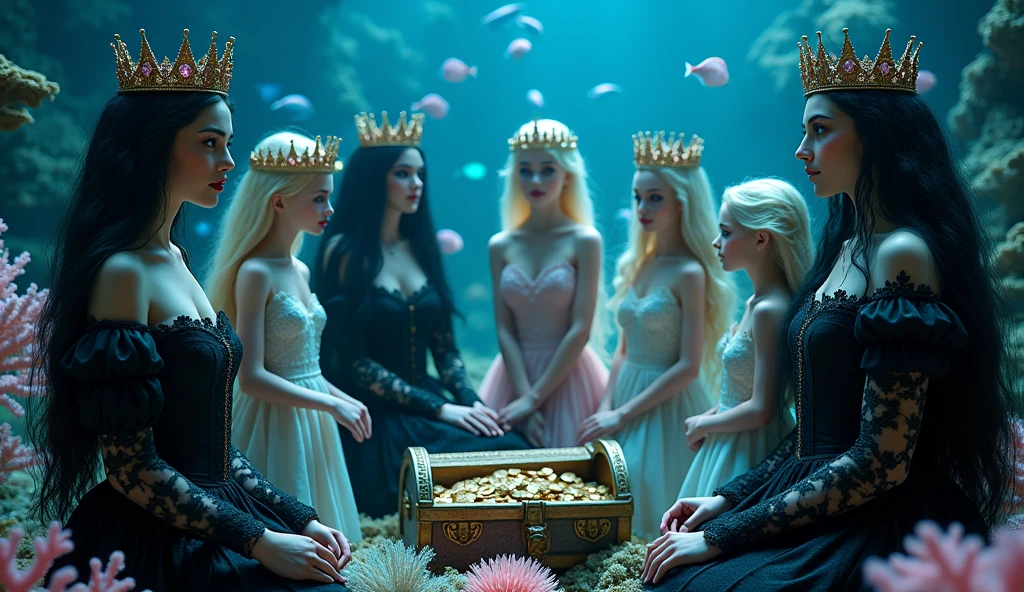 Extra wide angle 16:9. Portrait. A twin sister’s beautiful gothic queens and 5 doll-like princesses. Naked-feet Europeans. 3 queens are dressed in a black medieval lace-dresses, many layered. Beautiful realistic fine detailed eyes 1:1, black long flowing hair with black crowns, naked feet, flowing freely with arms in the air holding their hair. (5 princesses have light blonde long hair, wearing shiny-gold crowns with pink crystals, dressed in a white and pale pink lace, medieval dresses in a bending and sitting pose 1:1). All different from echother. All the queens and princesses have best perfect hands, five fingers on each hand, small breasts cleavage, (fine detailed perfect eyes 1:1). Hyper detailed skin on body 1:1. Their doll like faces have perfect detailed skin 1:1. They are all floating differently in a dark deep sea above in an (old gothic perished palace). Night time. Only a little light from neon blue worms glowing in the dark. On the bottom of the palace floor are pink corals. Sea moss. Bright colored blue, pink, orange, green fishes swimming around. Octopus. Treasure chest with gold coins and jewelry in it. A fantastic scene that uses 3D Surreal 3D model.The entire setup is masterpiece 1:3 framed with the grandeur of dark medieval gothic style. photographed in a Canon EOS R5, 50mm Lens, F/2.8, (8K)"