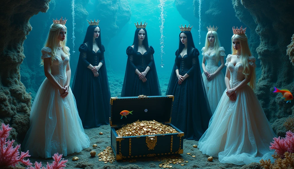 Extra wide angle 16:9. Portrait. A twin sister’s beautiful gothic queens and 5 doll-like princesses. Naked-feet Europeans. 3 queens are dressed in a black medieval lace-dresses, many layered. Beautiful realistic fine detailed eyes 1:1, black long flowing hair with black crowns, naked feet, flowing freely with arms in the air holding their hair. (5 princesses have light blonde long hair, wearing shiny-gold crowns with pink crystals, dressed in a white and pale pink lace, medieval dresses in a bending and sitting pose 1:1). All different from echother. All the queens and princesses have best perfect hands, five fingers on each hand, small breasts cleavage, (fine detailed perfect eyes 1:1). Hyper detailed skin on body 1:1. Their doll like faces have perfect detailed skin 1:1. They are all floating differently in a dark deep sea above in an (old gothic perished palace). Night time. Only a little light from neon blue worms glowing in the dark. On the bottom of the palace floor are pink corals. Sea moss. Bright colored blue, pink, orange, green fishes swimming around. Octopus. Treasure chest with gold coins and jewelry in it. A fantastic scene that uses 3D Surreal 3D model.The entire setup is masterpiece 1:3 framed with the grandeur of dark medieval gothic style. photographed in a Canon EOS R5, 50mm Lens, F/2.8, (8K)"