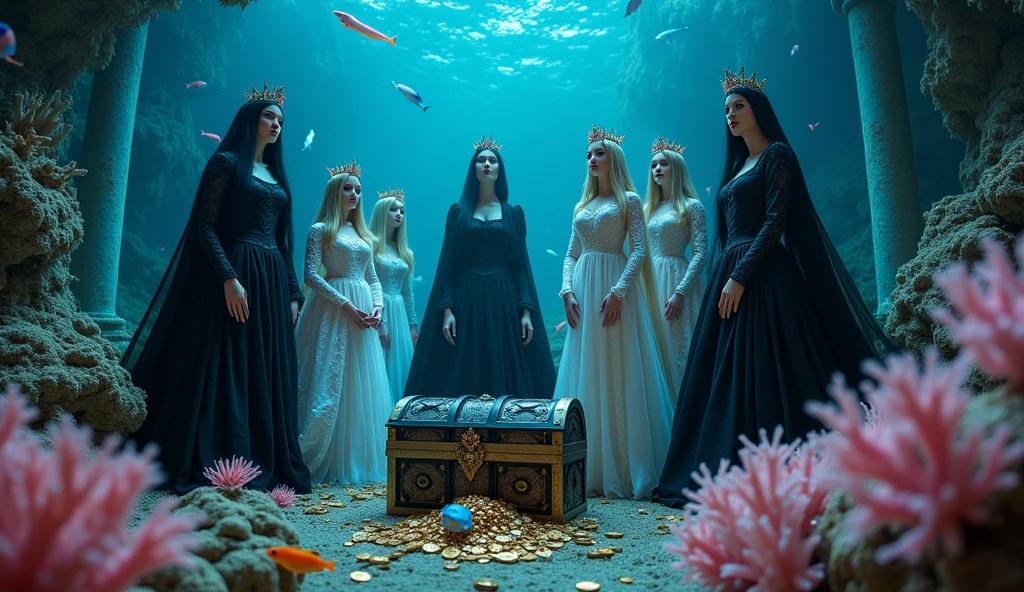Extra wide angle 16:9. Portrait. A twin sister’s beautiful gothic queens and 5 doll-like princesses. Naked-feet Europeans. 3 queens are dressed in a black medieval lace-dresses, many layered. Beautiful realistic fine detailed eyes 1:1, black long flowing hair with black crowns, naked feet, flowing freely with arms in the air holding their hair. (5 princesses have light blonde long hair, wearing shiny-gold crowns with pink crystals, dressed in a white and pale pink lace, medieval dresses in a bending and sitting pose 1:1). All different from echother. All the queens and princesses have best perfect hands, five fingers on each hand, small breasts cleavage, (fine detailed perfect eyes 1:1). Hyper detailed skin on body 1:1. Their doll like faces have perfect detailed skin 1:1. They are all floating differently in a dark deep sea above in an (old gothic perished palace). Night time. Only a little light from neon blue worms glowing in the dark. On the bottom of the palace floor are pink corals. Sea moss. Bright colored blue, pink, orange, green fishes swimming around. Octopus. Treasure chest with gold coins and jewelry in it. A fantastic scene that uses 3D Surreal 3D model.The entire setup is masterpiece 1:3 framed with the grandeur of dark medieval gothic style. photographed in a Canon EOS R5, 50mm Lens, F/2.8, (8K)"