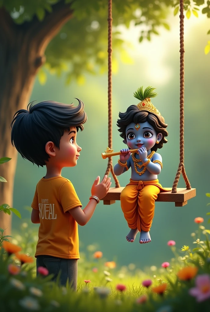 create a 3D realistic picture "A boy is worshiping Shree Krishna and Shree krishna is sitting on a swing and playing flute and sujal is written on the boy's t-shirts and the boy is worshiping and in the background "Happy Janmashtami" is written in bold font clearly, make sure everything should be correct