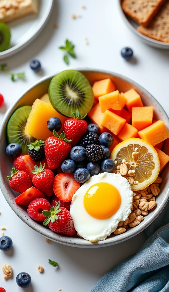 A vibrant plate of a nutritious breakfast including fruits, whole grains, and protein.