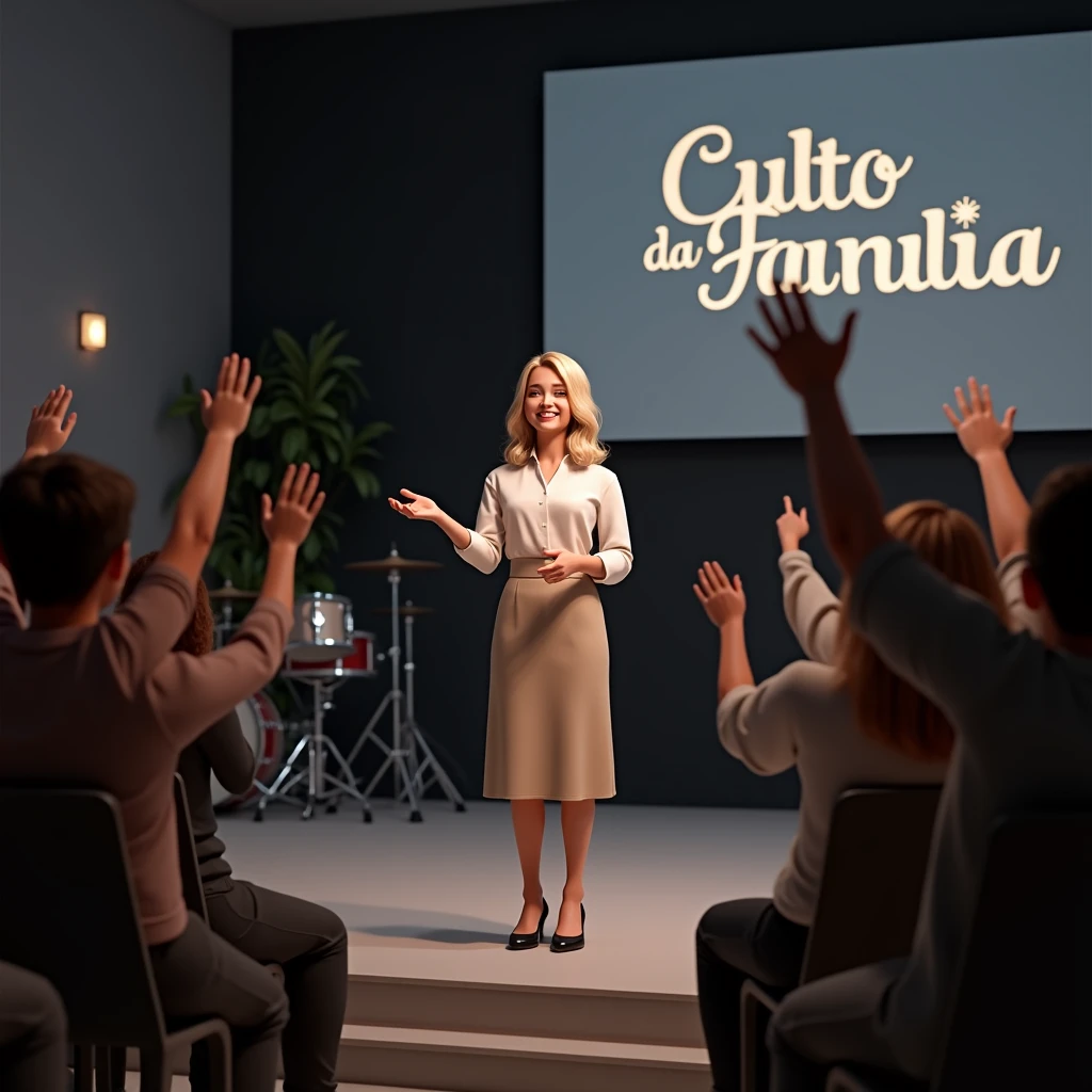 A 3D render, of a worship event. Alexandra, with blond hair, is standing on a stage wearing a white blouse and a beige midi skirt that are modest, elegant, and professional, reflecting reverence for the setting. She is slightly short, standing at just under 1.60 meters in height, with a cheerful and encouraging expression. Behind her, a large screen displays the words 'CULTO DA FAMILIA' The audience is seated with their hands raised in a gesture of worship. The background features a black wall and a drum set inside an acoustic room with acrylic walls. The Drum set is in The corner.