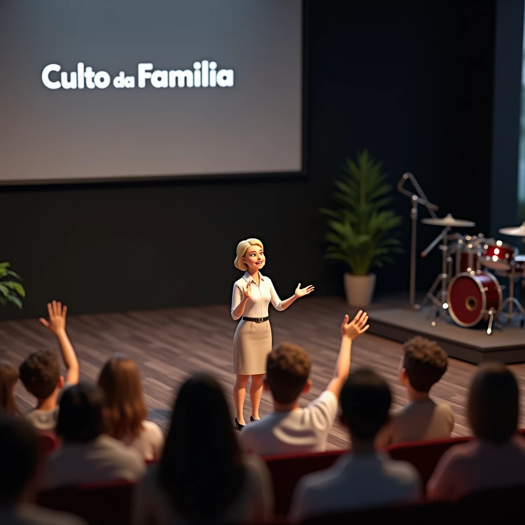 A 3D render, of a worship event. Alexandra, with blond hair, is standing on a stage wearing a white blouse and a beige midi skirt that are modest, elegant, and professional, reflecting reverence for the setting. She is slightly short, standing at just under 1.60 meters in height, with a cheerful and encouraging expression. Behind her, a large screen displays the words 'CULTO DA FAMILIA' The audience is seated with their hands raised in a gesture of worship. The background features a black wall and a drum set inside an acoustic room with acrylic walls. The Drum set is in The corner.