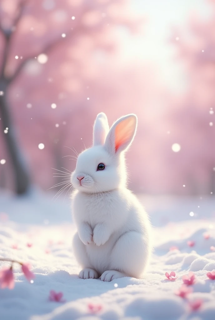 Ultra-realism、masterpiece、Highest quality、Film Grain、Spectacular views、The rabbit is small in size、Little white rabbit、Snow rabbit turns around and looks at the viewer、Snow like cherry blossom petals、Pale pink scenery、Snow Scene、Cherry blossom blizzard、