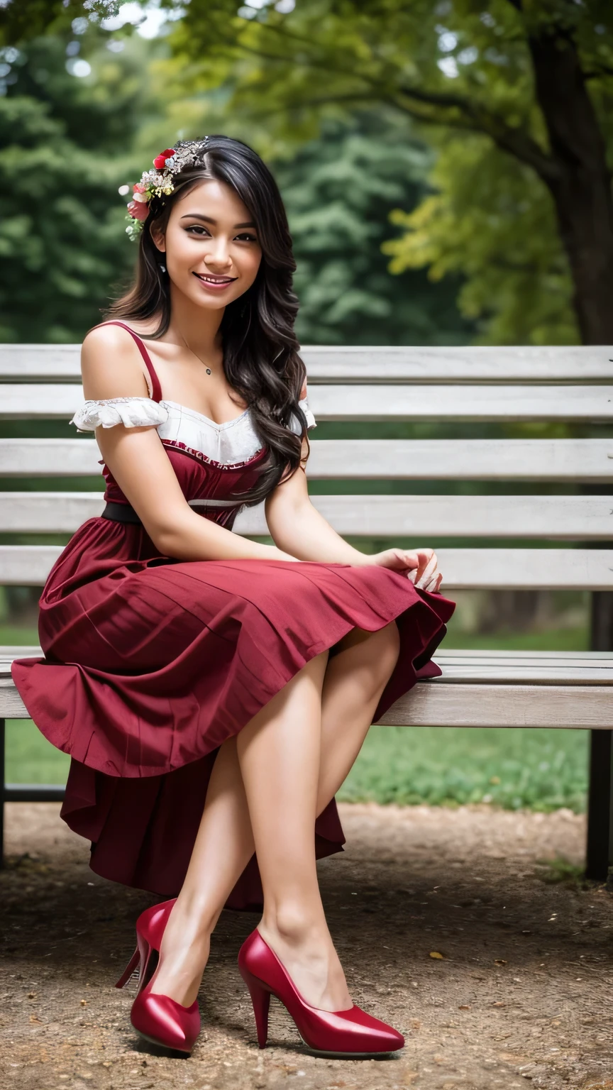 Realistic full body photo of a smiling black-haired woman with long hair, She dances in front of the camera in a red dirndl, Park,glamour fotoshooting, Wedding celebration, perfect anatomy, perfect brown eyes. Perfect hands with 5 fingers on each hand, Matching girl, look into the camera, 1 Frau. (Eye make up:1.1), (highly detailed skin:1.1), spirit, analog style, keen focus, 8K  UHD, dslr, good quality, Fujifilm XT3, Grain, Award-winning, ​masterpiece. Wedding celebration. She sits on a bench and shows her beautiful legs. Beautiful shoes