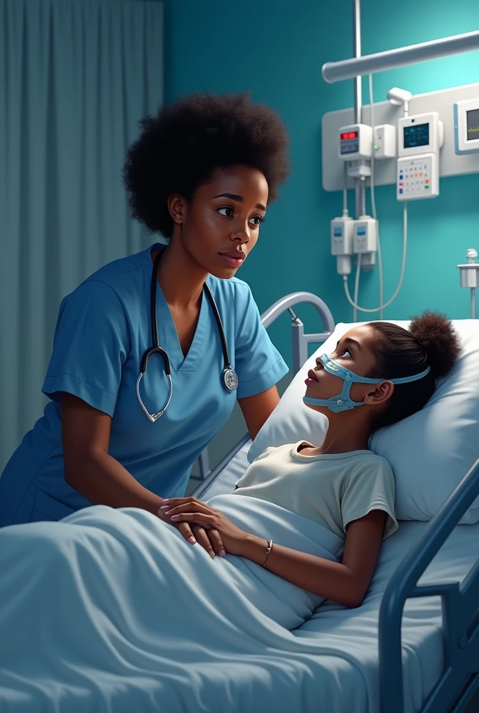 An Afro-Caribbean mother, assise au chevet de sa fille hospitalisée, asthma attack. Very worried mom,. Cadre hopital avec tous les materiels. A nurse stands next to the patient's bed..