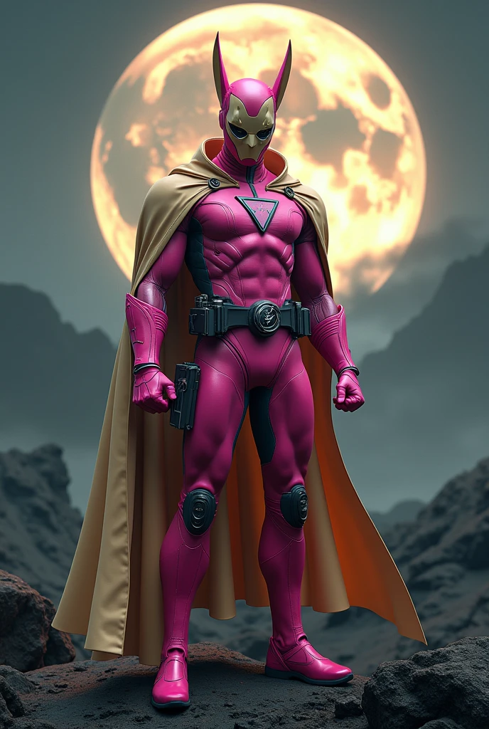 high-tech suit, vivid effects, malaysian superhero (KELUANG MAN) in a striking pink and beige costume cyberpunk design, mask small mini bat ear beige, daredevil biage mask, jumpsuit dark pink stands confidently in a dramatic, stormy landscape. ((Head covered node guard))The character wears domino mask a helmet with pointed ears and a flowing cape biege, open nose and mouth. Equipped with visible futuristic weapons on a belt, dark day, dark night, big supermoon effect .logo on chest triangle shape small punisher logo center triangle cyber logo center on chest pink logo . rocky, adding to --ar 3:4 --style raw --stylize 500 --v 6.1