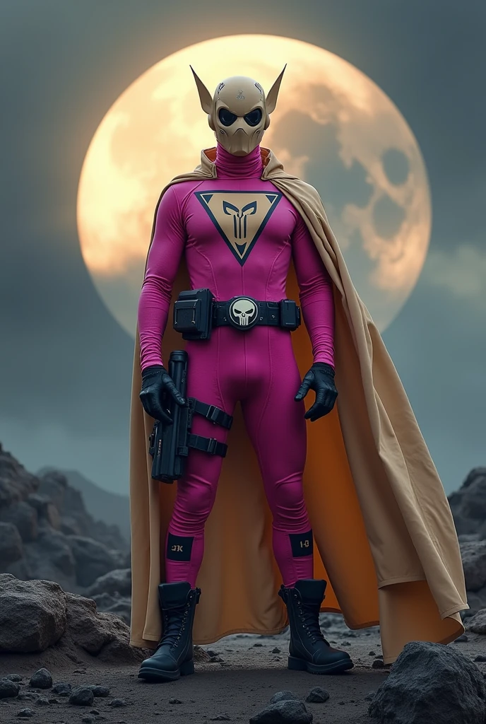 high-tech suit, vivid effects, malaysian superhero (KELUANG MAN) in a striking pink and beige costume cyberpunk design, mask small mini bat ear beige, daredevil biage mask, jumpsuit dark pink stands confidently in a dramatic, stormy landscape. ((Head covered node guard))The character wears domino mask a helmet with pointed ears and a flowing cape biege, open nose and mouth. Equipped with visible futuristic weapons on a belt, dark day, dark night, big supermoon effect .logo on chest triangle shape small punisher logo center triangle cyber logo center on chest pink logo . rocky, adding to --ar 3:4 --style raw --stylize 500 --v 6.1