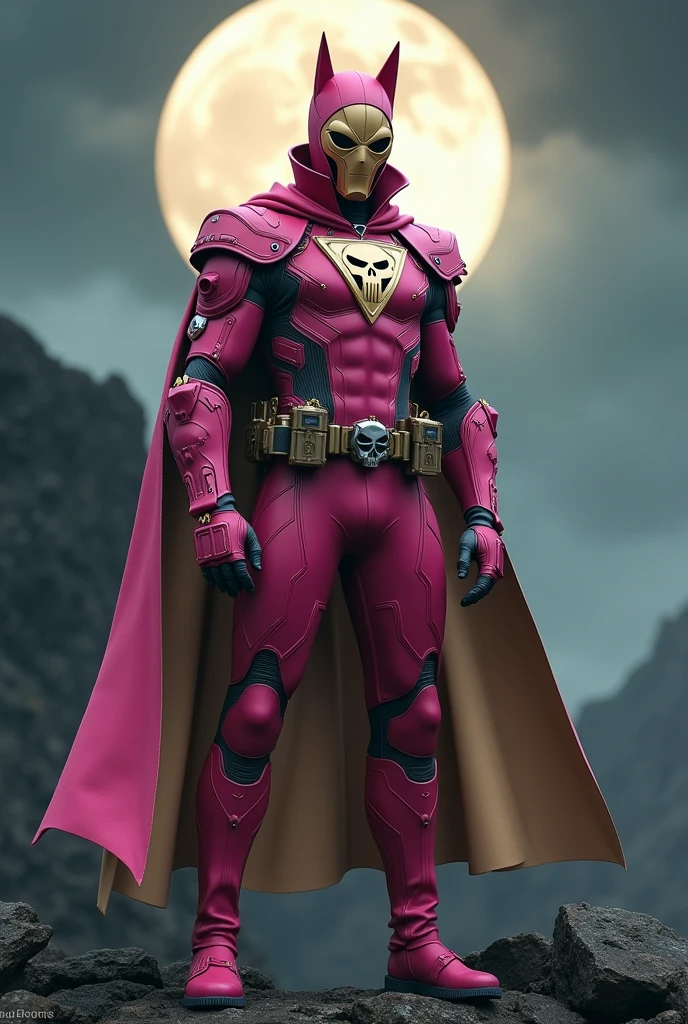 high-tech suit, vivid effects, malaysian superhero (KELUANG MAN) in a striking pink and beige costume cyberpunk design, mask small mini bat ear beige, daredevil biage mask, jumpsuit dark pink stands confidently in a dramatic, stormy landscape. ((Head covered node guard))The character wears domino mask a helmet with pointed ears and a flowing cape biege, open nose and mouth. Equipped with visible futuristic weapons on a belt, dark day, dark night, big supermoon effect .logo on chest triangle shape small punisher logo center triangle cyber logo center on chest pink logo . rocky, adding to --ar 3:4 --style raw --stylize 500 --v 6.1