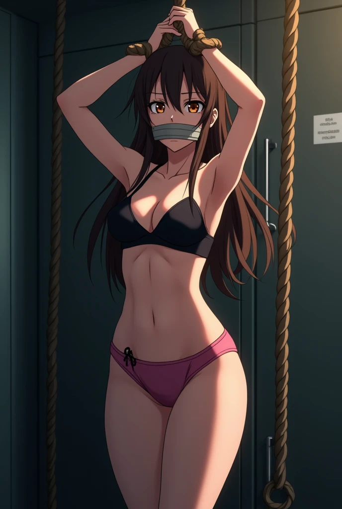 sekijou sawako, shibari, bondage, bound, brown eyes, brown hair, long hair, arms up, stripped, best quality, ultra-detailed, high resolution, extremely detailed cg, unity 8k wallpaper, masterpiece, perfect body, anime picture, femsub, BDSM, pink panty, black bra, small breasts, at night, standing, dark room, teary-eyed, gagged, over the mouth gag, duct tape, Sekijou Sawako, gym storeroom, wrist tied up together above her head, ropes, suspension rope from ceiling, standing nearby wall, bracing,