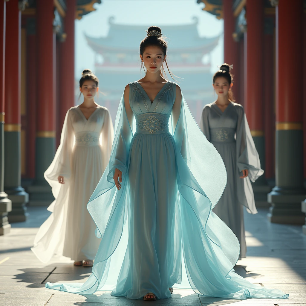 In ancient China, the Tang Dynasty, a woman wearing a light blue dress made of shiny, smooth, and transparent silk, and two maids wearing white and gray plain clothes, walked into the palace.