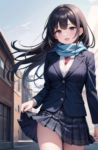 Solo Girl,Cowboy Shot, 20-year-old, Long Hair,View your viewers, Black Hair, Brown eyes, Mid-chest, Happy,Fluffy scarf,,Dark blue pleated skirt, Dark Blue Blazer,Flowing Wind,Moaning, Outdoor, School, Highest quality, High resolution, Very detailed, Detailed Background, Perfect lighting,Large Breasts