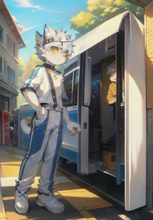 White male cat,boys,cute,Q version,Silver Hair,Detailed background,,Golden Eyes,Luxury racing,Driver,Wear a helmet,Leaning against the racing car,