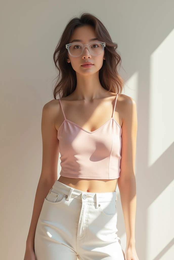 A mature girl of age 21, eyewear a transperant glass, pink top, white jeans, high heels, simple, beautiful, 