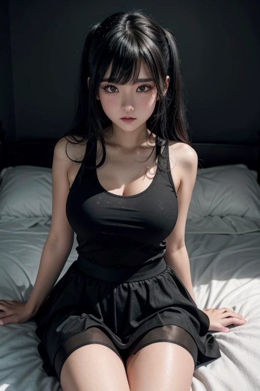 a gothic girl with a short black skirt, thick thighs, tights, black tank top, black hair, good quality, black bedroom background