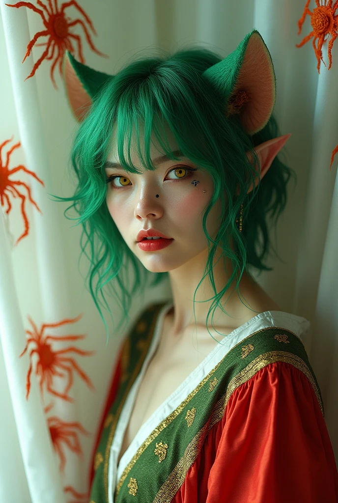 Green Hair。Wolf Cut。Golden Eyes。Drooping eyes。Red on the corners of the eyes。Unusual beauty。Beautiful and awesome。Mole on the corner of the left eye。Long, thin white horn。Red sleeve。White silk。Green band。Golden thread red spider lily embroidery。Sharp Demon Claws。