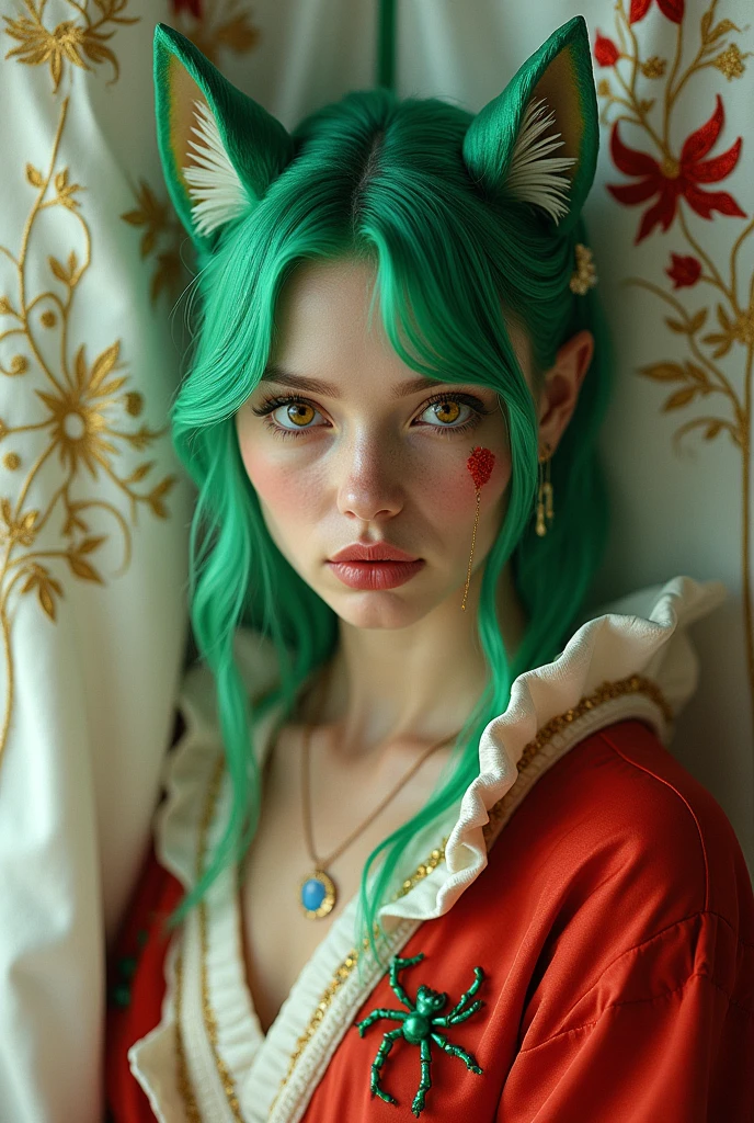 Green Hair。Wolf Cut。Golden Eyes。Drooping eyes。Red on the corners of the eyes。Unusual beauty。Beautiful and awesome。Mole on the corner of the left eye。Long, thin white horn。Red sleeve。White silk。Green band。Golden thread red spider lily embroidery。Sharp Demon Claws。