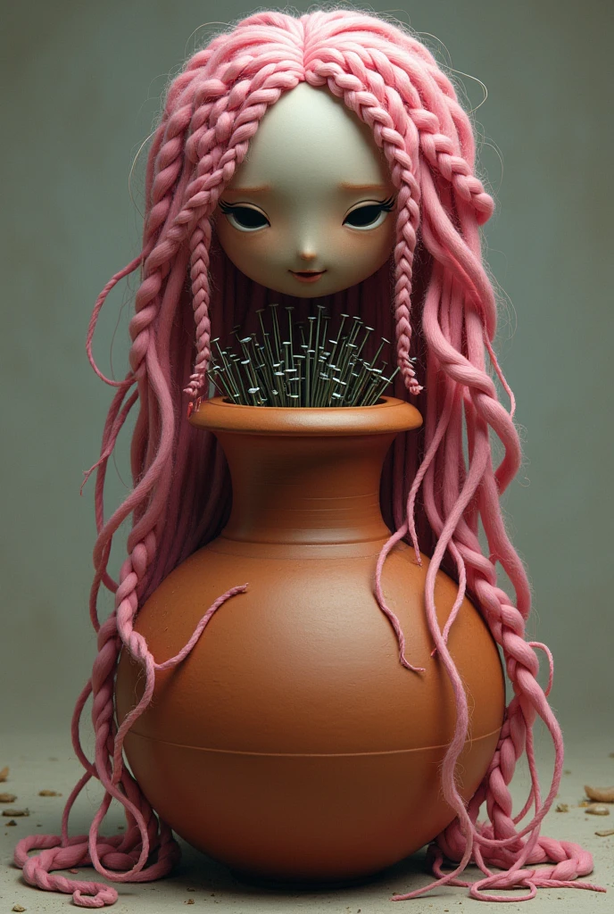 Clay pot with pink braided hair full of nails inside