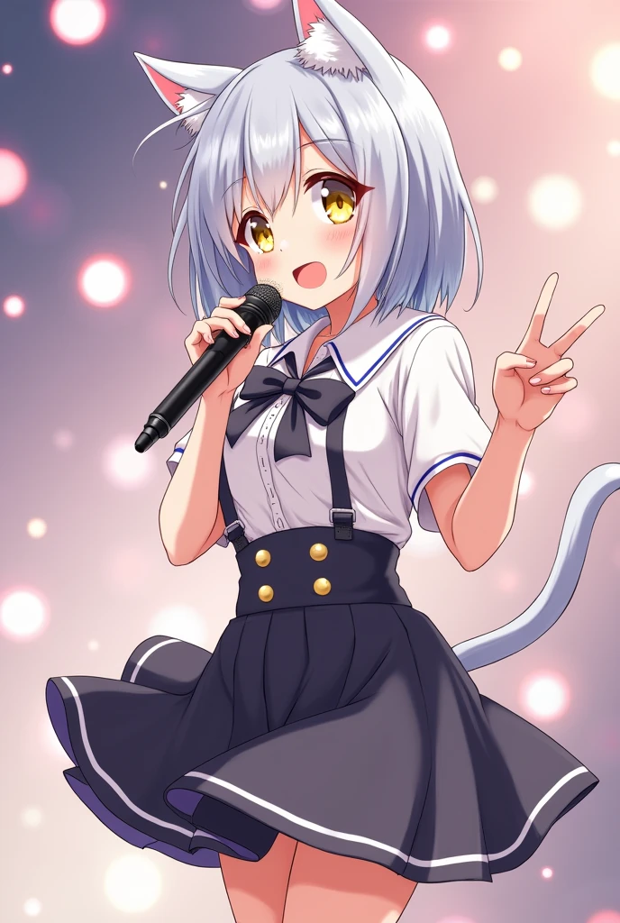 A magical girl with anime aesthetics who is an idol with medium hair silver colored slightly short and cat ears and tail., yellow eyes, wearing a short skirt and with a microphone in her hand singing