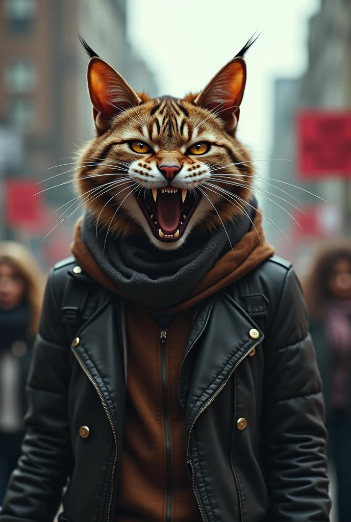black cat-faced man participates in protest. standing in the street . His face is very expressive, displaying an intense, fierce, and aggressive look, with sharp eyes, bared fangs, and a snarling expression demanding justice. The background includes urban elements such as buildings and other protest signs, which add intensity to the scene. The atmosphere is tense, with a mix of realism and surrealism.