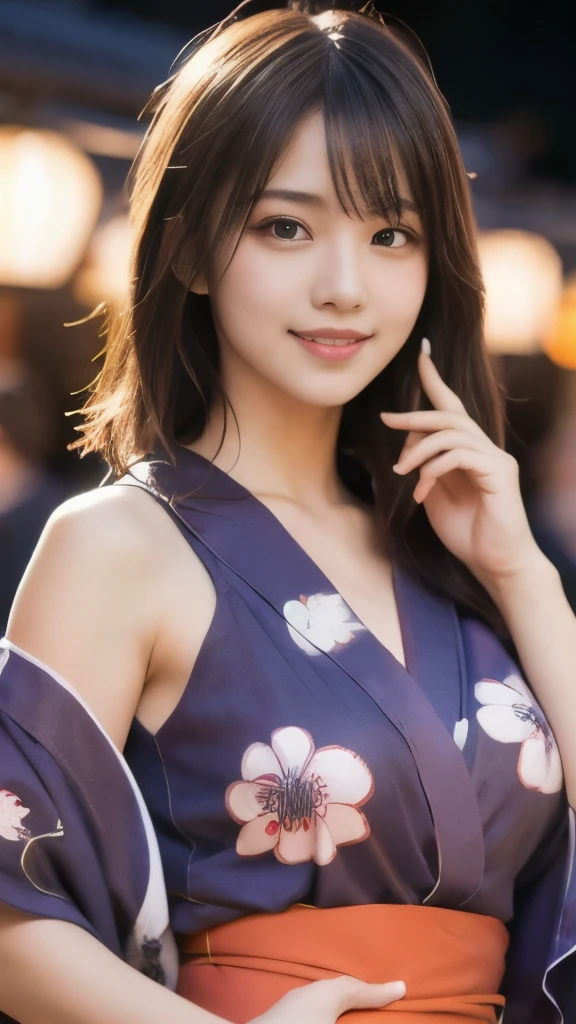 8k,Highest quality,(masterpiece:1.2),(Realistic),(Realistic:1.37),Ultra-high resolution,1 female college student,city,smile,Beautiful Eyes,Summer festival,(((yukata))),Perfect body,Perfect Fingers,Professional Lighting,gravure,Detailed face and skin texture,fine grain,RAW Photos
