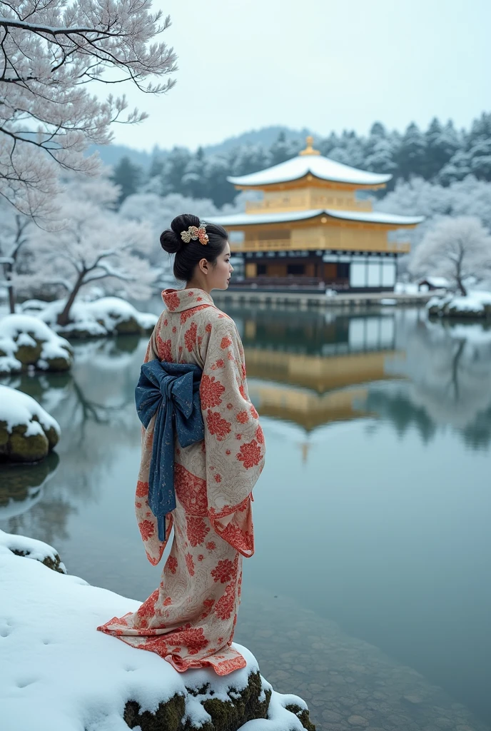 Kinkakuji Temple, pond, snowy landscape, photo finish, kimono girl, 