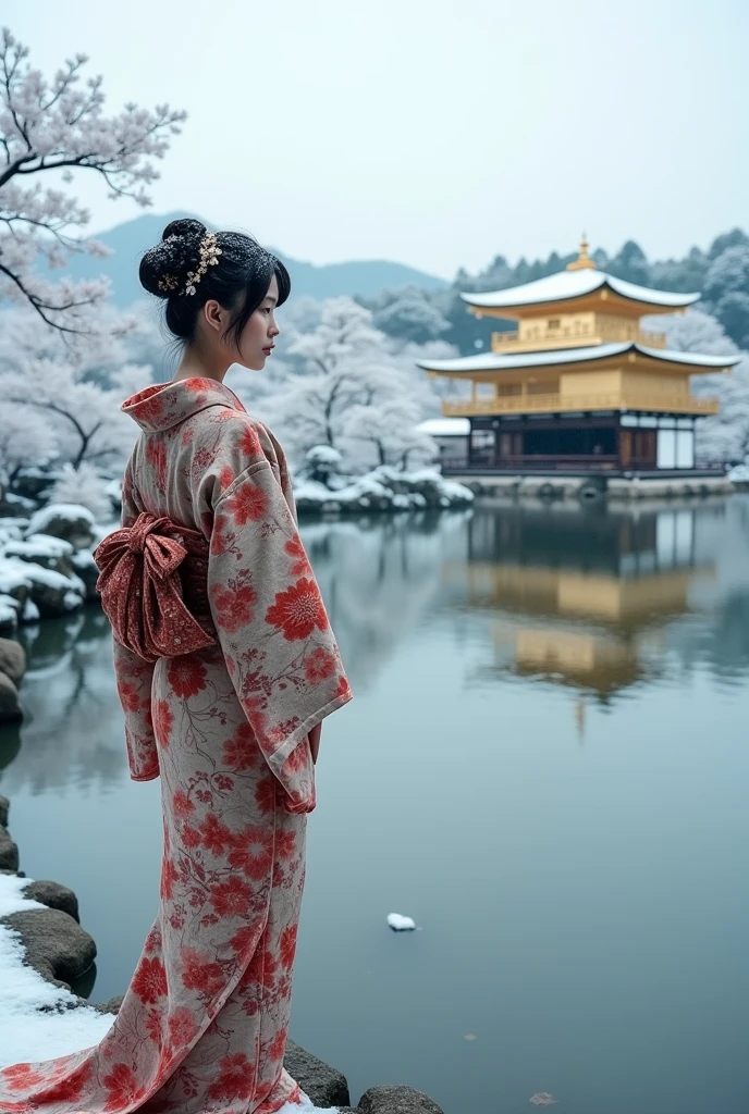 Kinkakuji Temple, pond, snowy landscape, photo finish, kimono girl,