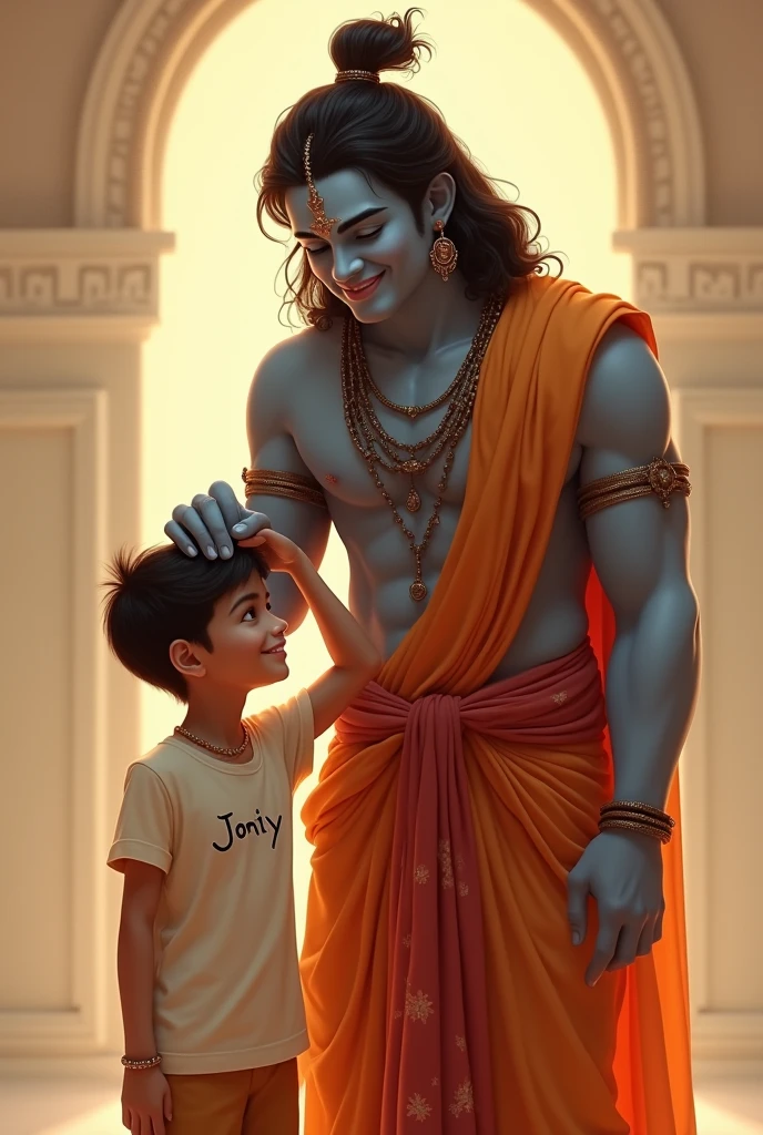 Lord Shri Krishna who is smiling with his hand on the shoulder of a boy and that boy has 'Jontiy written on his T-shirt.
