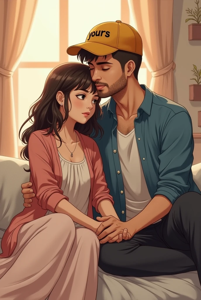 A guy wearing a rusty blue shirt with buttons closed till the top and looks neat and a yellow cap that has YOURS written in black infront of it he had thin shaved beard and short hair also and is wearing a black jeans who is sitting on the bed on the right side and a cute chubby girl wearing a light pink and white colored long dress that has a elbow length light pink colored coatie and her hair comes bit lower than her shoulders and she is sitting on the left of the guy on the same bed holding the guys hand in crossed fists of each other and facing us at the front screen face the front screen and the girl is not sitting in the guys lap and then the guy softly kisses the girls forehead
