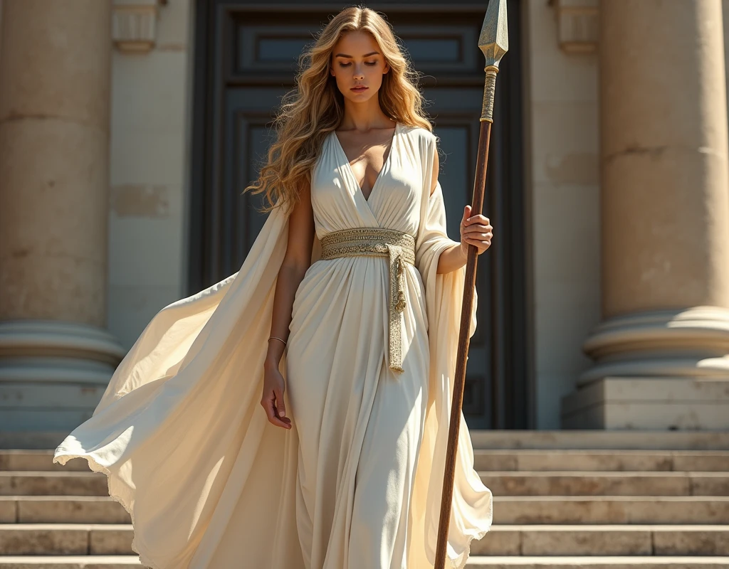 a beautiful woman in a white tunic with long blonde hair, stop on a stone building, image of the goddess athena, He has a shield in one hand and a spear in the other hand..