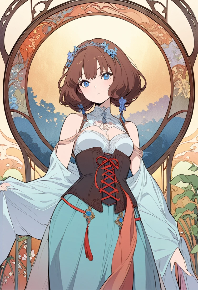 illustration style anime d'une femme brune au cheveux longs et épais volant au vent aux yeux verts émeraude portant un corset rouge et un soutien-gorge bleu, tenant un katana regardant le spectateur avec une expression sérieuse. Style Art Nouveau, style Alphonse Mucha, style studio Ghibli. Eclairage doux, chaud. Couleurs pastels.
#tengrai