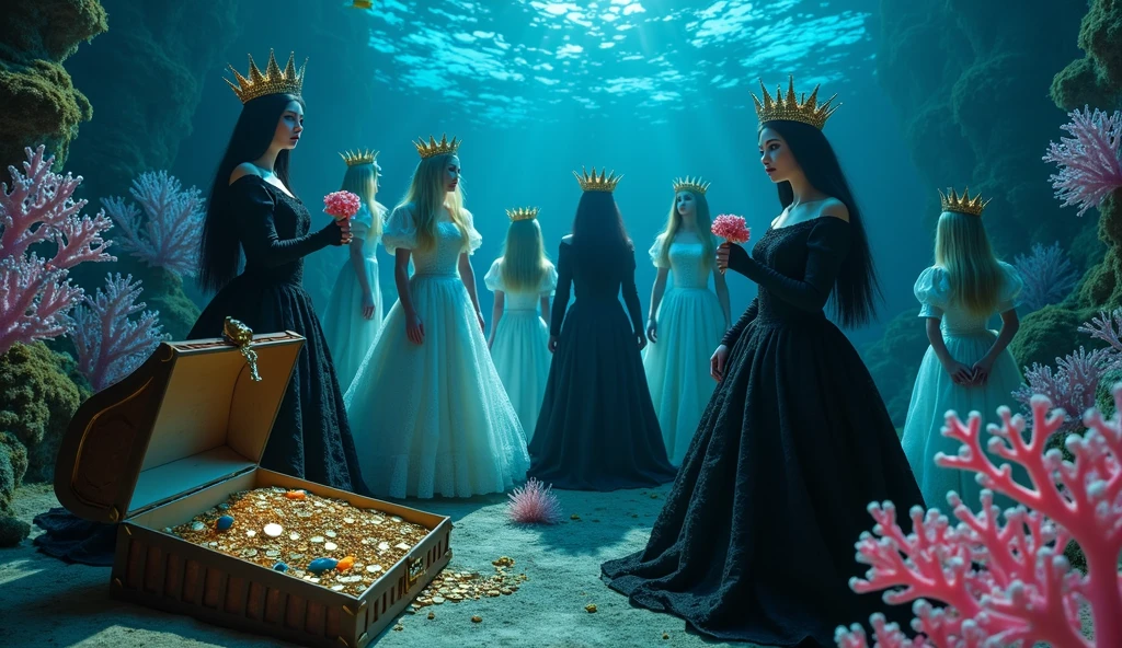Extra wide angle 16:9. Portrait. A twin sister’s beautiful gothic queens and 5 doll-like princesses. Naked-feet Europeans. 3 queens are dressed in a black medieval lace-dresses, many layered. Beautiful realistic fine detailed eyes 1:1, black long flowing hair with black crowns, naked feet, flowing freely with arms in the air holding their hair. (5 princesses have light blonde long hair, wearing shiny-gold crowns with pink crystals, dressed in a white and pale pink lace, medieval dresses in a bending and sitting pose 1:1). All different from echother. All the queens and princesses have best perfect hands, five fingers on each hand, small breasts cleavage, (fine detailed perfect eyes 1:1). Hyper detailed skin on body 1:1. Their doll like faces have perfect detailed skin 1:1. They are all floating differently in a dark deep sea above in an (old gothic perished palace). Night time. Only a little light from neon blue worms glowing in the dark. On the bottom of the palace floor are pink corals. Sea moss. Bright colored blue, pink, orange, green fishes swimming around. Octopus. Treasure chest with gold coins and jewelry in it. A fantastic scene that uses 3D Surreal 3D model.The entire setup is masterpiece 1:3 framed with the grandeur of dark medieval gothic style. photographed in a Canon EOS R5, 50mm Lens, F/2.8, (8K)"