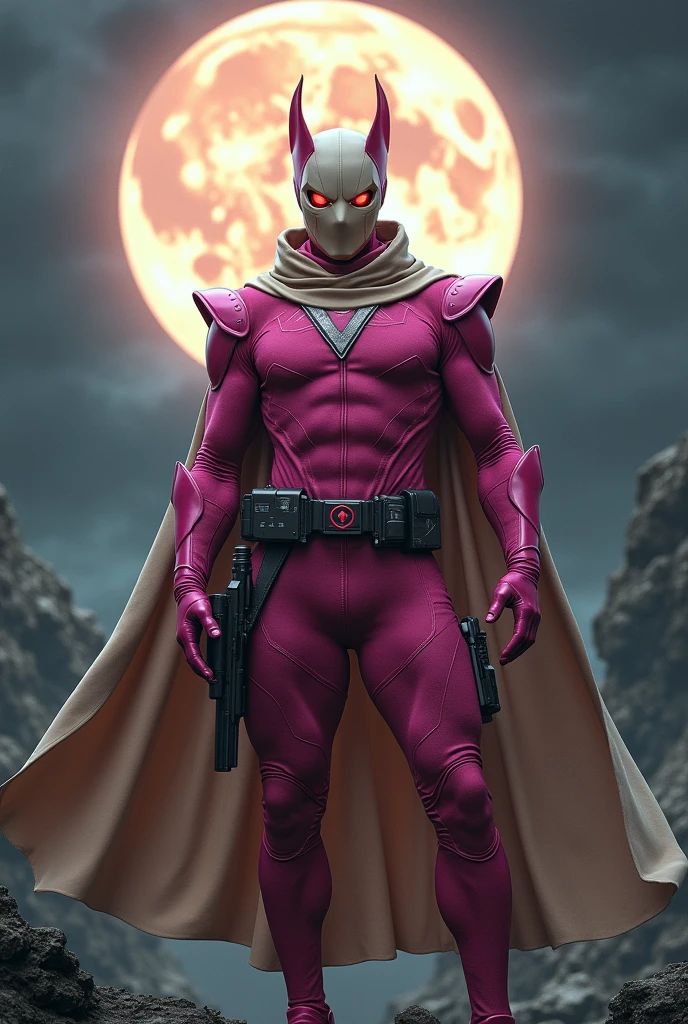high-tech suit, vivid effects, malaysian superhero (KELUANG MAN) in a striking pink and beige costume cyberpunk design, mask small mini bat ear beige, daredevil biage mask, jumpsuit dark pink stands confidently in a dramatic, stormy landscape. ((Head covered node guard))The character wears domino mask a helmet with pointed mini torn ears and a flowing cape biege, open nose and mouth. Equipped with visible futuristic weapons on a belt, dark day, dark night, big supermoon effect .logo on chest triangle shape small punisher logo center triangle cyber logo center on chest pink logo . rocky, adding to --ar 3:4 --style raw --stylize 500 --v 6.1