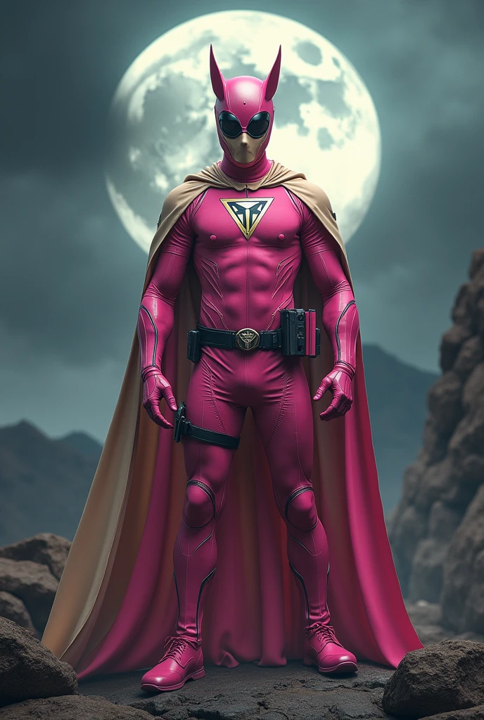 high-tech suit, vivid effects, malaysian superhero (KELUANG MAN) in a striking pink and beige costume cyberpunk design, mask small mini bat ear beige, daredevil biage mask, jumpsuit dark pink stands confidently in a dramatic, stormy landscape. ((Head covered node guard))The character wears domino mask a helmet with pointed mini torn ears and a flowing cape biege, open nose and mouth. Equipped with visible futuristic weapons on a belt, dark day, dark night, big supermoon effect .logo on chest triangle shape small punisher logo center triangle cyber logo center on chest pink logo . rocky, adding to --ar 3:4 --style raw --stylize 500 --v 6.1