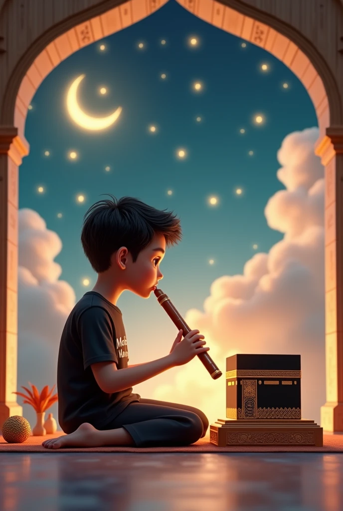 Create 3D image of Indian devotional boy sitting next to makka madina and boy is seeing flute, they both are on sitting and sitting is nicely decorated and sitting together, boy is wearing black color T-shirt with name “mohd taha ” written on it, heaven like beautiful scene background, star moonrealistic image and boy is bare feet.
