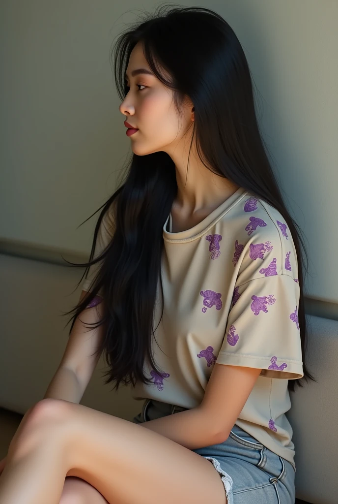 Real image of a woman with long black hair, profile view, sitting with light grey shorts and a beige t-shirt with many purple figures printed on it