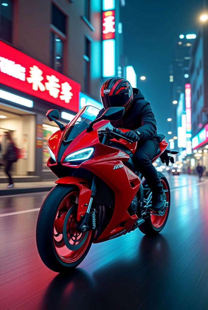 Yamaha R15 v4 red colour driving in city with neon light