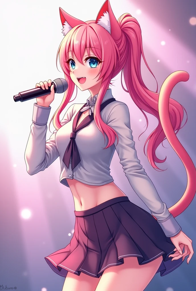A magical girl with anime aesthetics who is an idol with long pink hair in a ponytail and cat ears and tail., blue eyes, wearing a short skirt and with a microphone in her hand singing